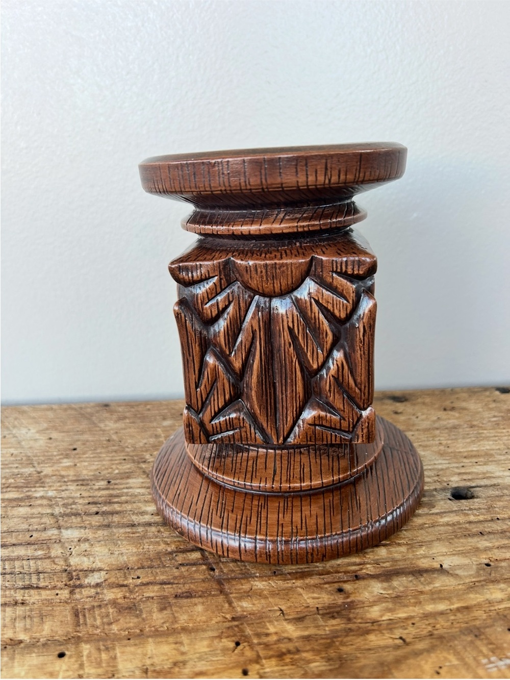 60’s Tiki Brown Ceramic Vase/Candle Holder Square Carved Hand Painted Design
